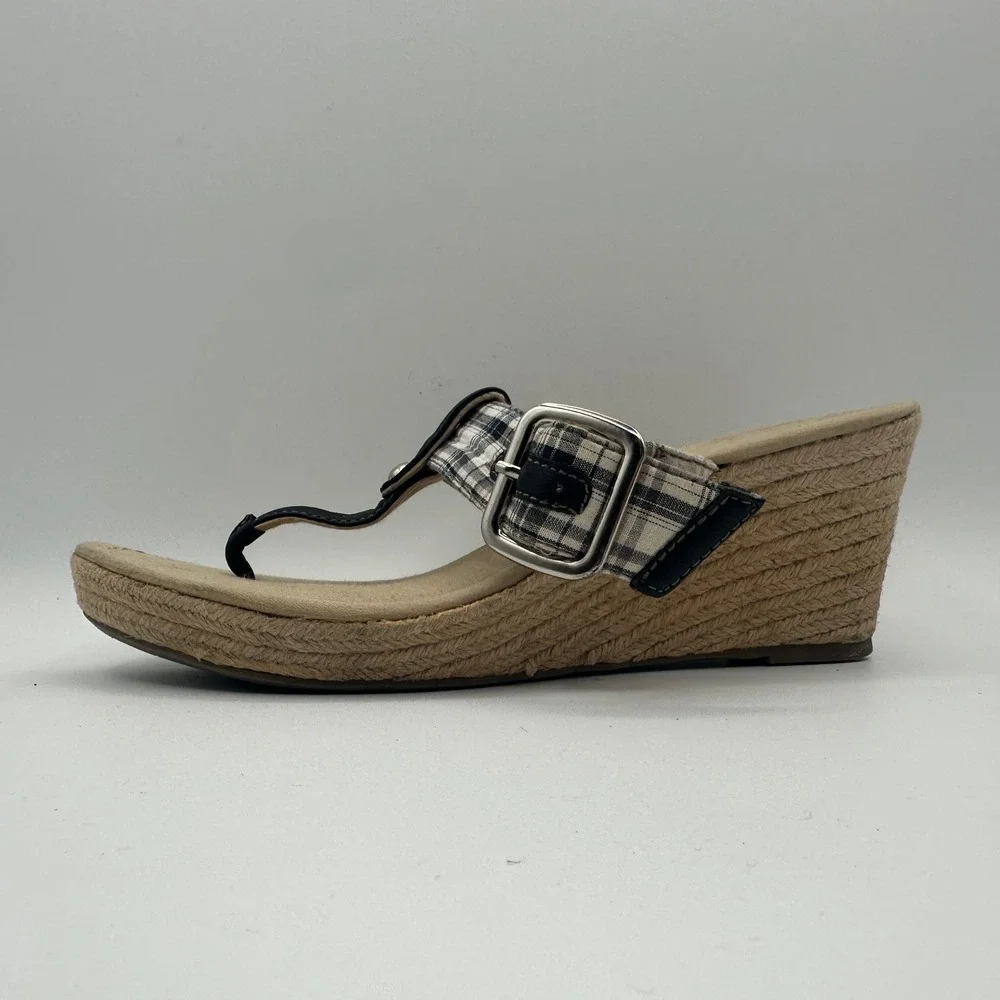Dexter Wedge Sandals Womens 8 Black White Plaid Buckle Espadrille Jute Summer